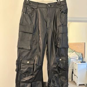 Black Faux Leather Cargo Pants